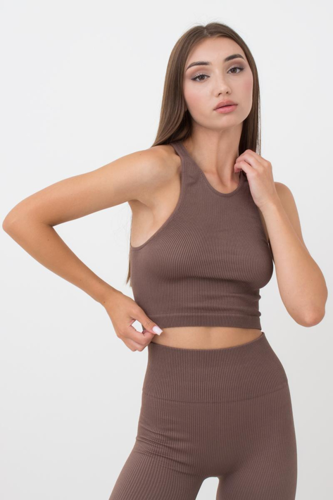Бесшовный топ в рубчик на широких бретелях Halter top rib Giulia (deep taupe), коричневый
