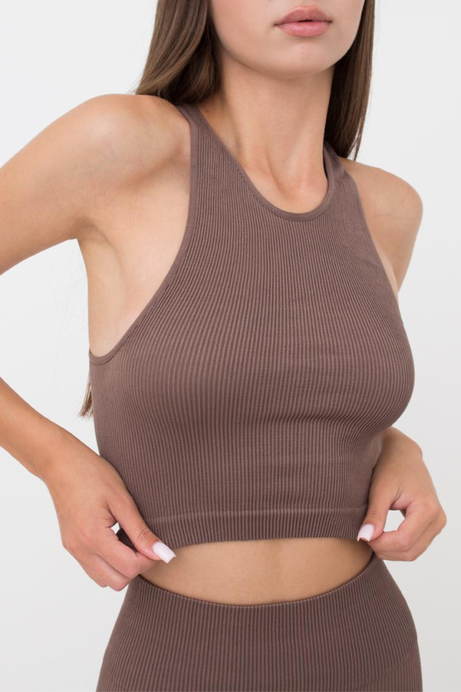 Бесшовный топ в рубчик на широких бретелях Halter top rib Giulia (deep taupe), коричневый