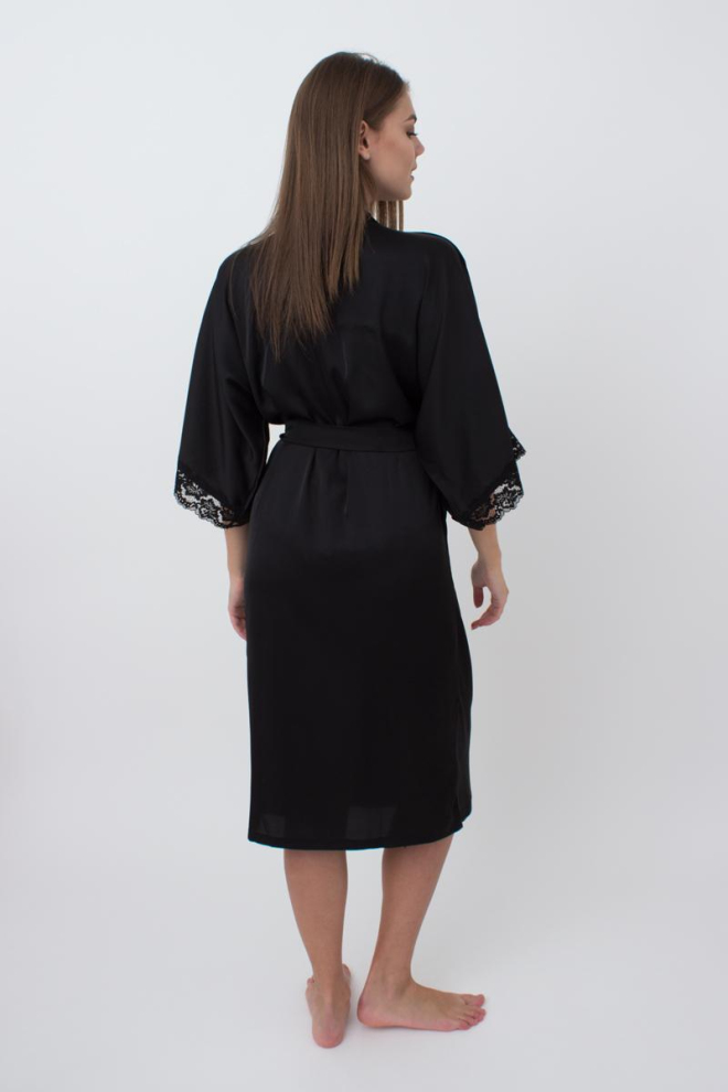 Халат жіночий на запа́х з мереживом на рукавах HELENA 7214/051 Giulia (black), чорний
