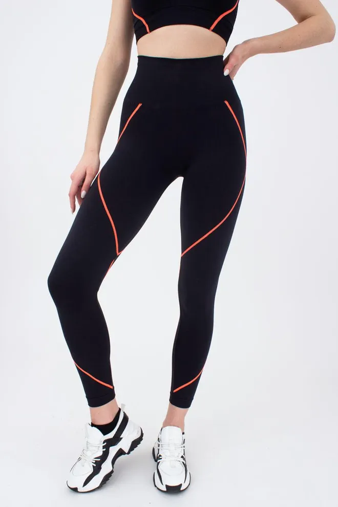 Леггинсы спортивные бесшовные Leggins neon stripe Giulia (black/orange neon)