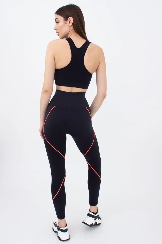 Леггинсы спортивные бесшовные Leggins neon stripe Giulia (black/orange neon)