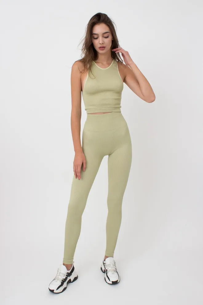 Легінси спортивні в рубчик з моделюючим швом LEGGINGS RIB Giulia (pale olive green), зелений