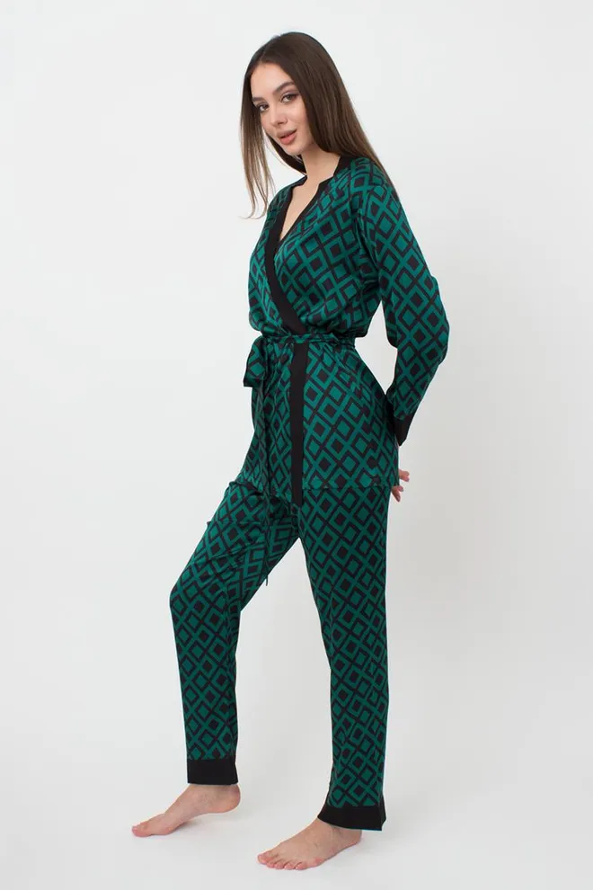 Піжама жіноча на запах із поясом і штанами Tiffany 5506/050 Giulia (green/black)