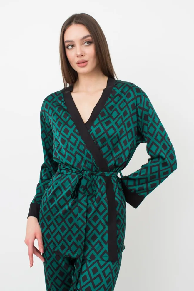 Піжама жіноча на запах із поясом і штанами Tiffany 5506/050 Giulia (green/black)