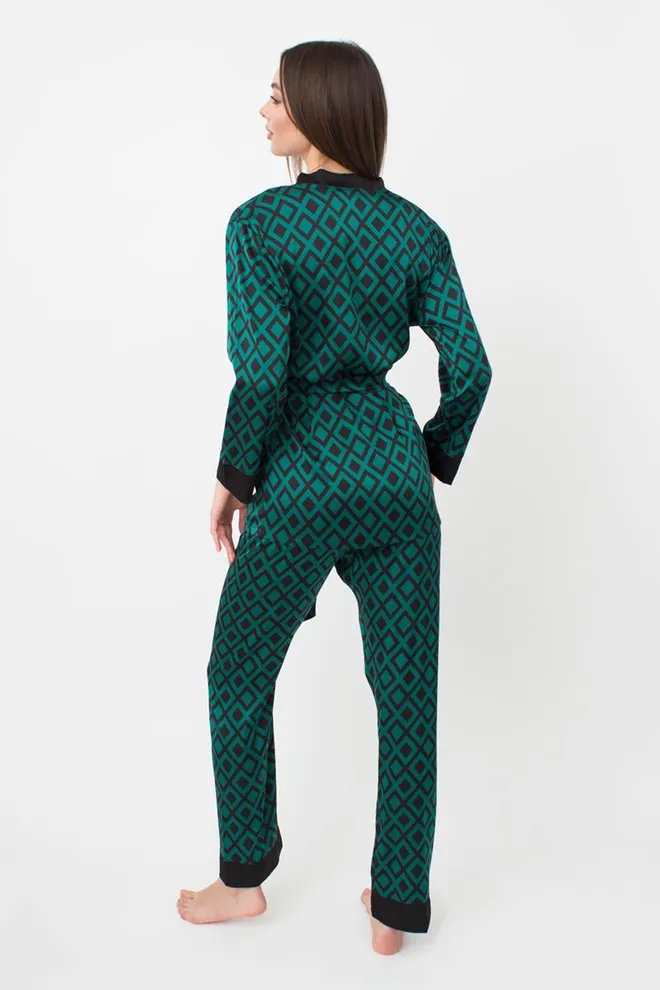 Піжама жіноча на запах із поясом і штанами Tiffany 5506/050 Giulia (green/black)