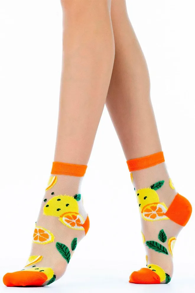 WS2 CRISTAL 046 Фантазійні жіночі шкарпетки в сітку з фруктами  (orange)