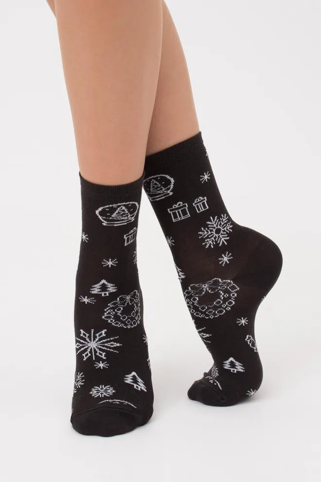 Носки женские классические с новогодним принтом Ws3 New Year 2112 Giulia (pirate black)