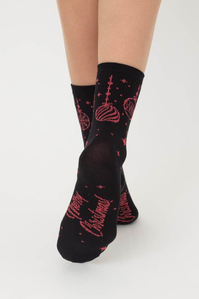 Шкарпетки жіночі класичні з принтом Ws3 New Year Lurex 2301 Giulia (black/red)