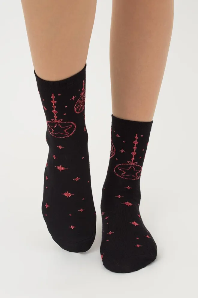 Шкарпетки жіночі класичні з принтом Ws3 New Year Lurex 2301 Giulia (black/red)