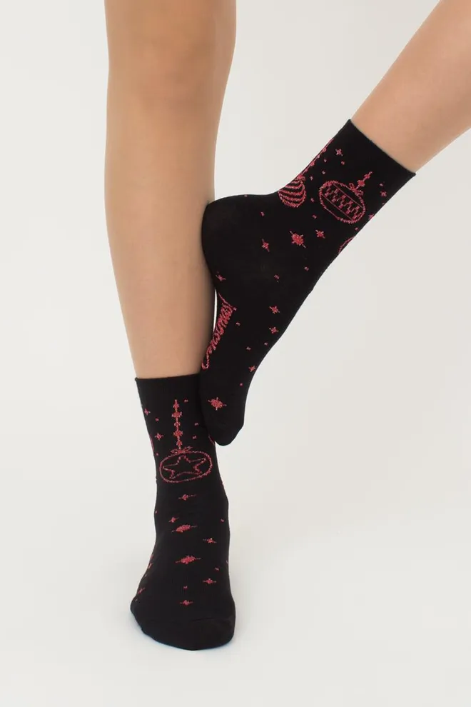 Шкарпетки жіночі класичні з принтом Ws3 New Year Lurex 2301 Giulia (black/red)