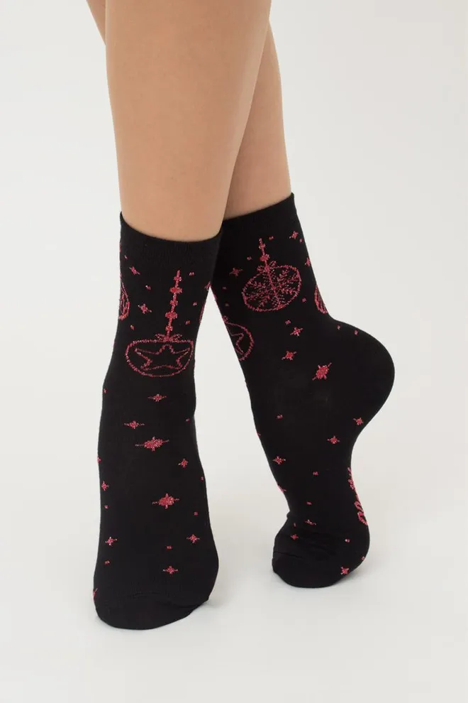 Шкарпетки жіночі класичні з принтом Ws3 New Year Lurex 2301 Giulia (black/red)