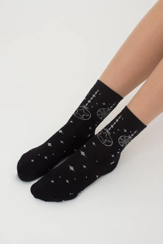 Шкарпетки жіночі класичні з принтом Ws3 New Year Lurex 2301 Giulia (black/silver)