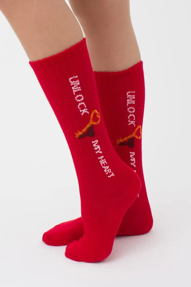 Шкарпетки жіночі високі з принтом WS4 strong valentine 004 Giulia (red)