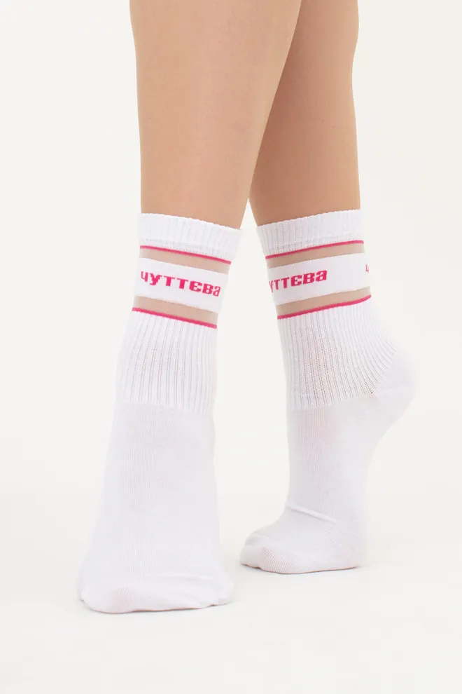 Високі шкарпетки з написом "Чуттєва" WS3 CRISTAL STRONG 005 Giulia (white/fuchia), білий/рожевий