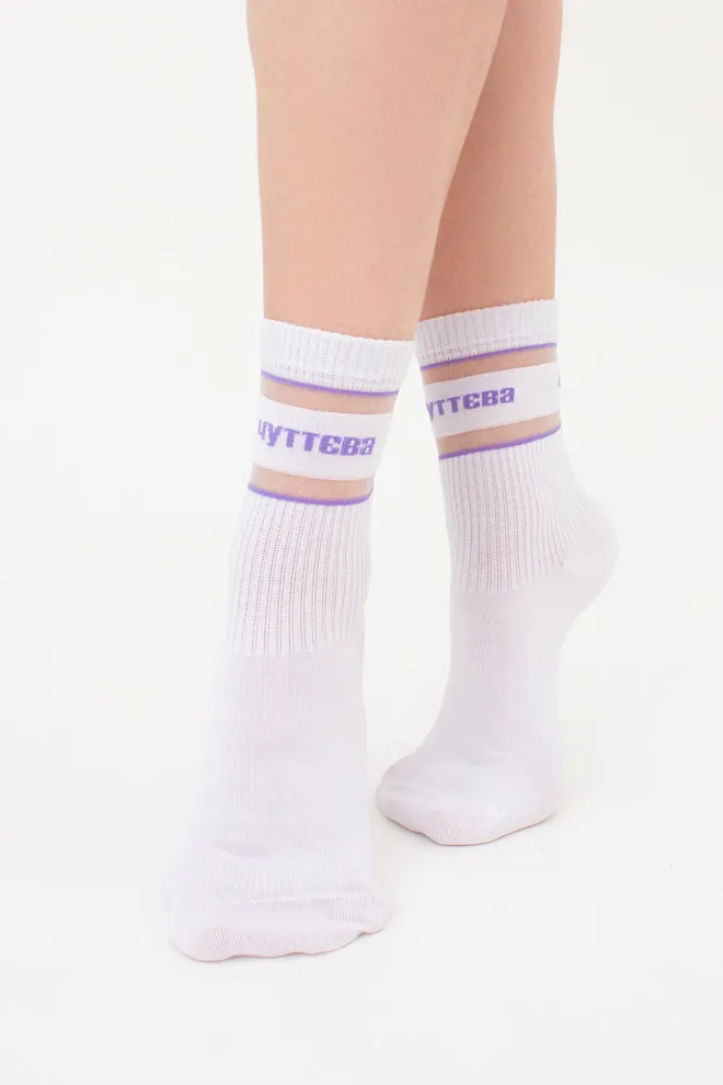 Високі шкарпетки з написом "Чуттєва" WS3 CRISTAL STRONG 005 Giulia (white/lilac), білий/фіолетовий