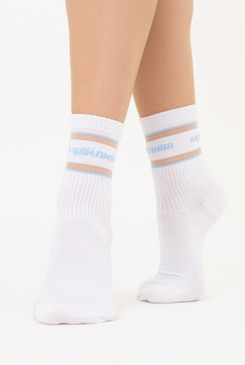 Высокие носки с надписью "Мрійлива" WS3 CRISTAL STRONG 004 Giulia (white/baby blue), белый/голубой Высокие носки с надписью "Мрійлива" WS3 CRISTAL STRONG 004 Giulia (white/baby blue), белый/голубой